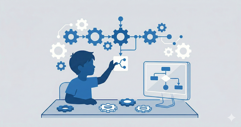 LITALICOワンダーの学習シーンをミニマルに表現したフラットイラスト。青色の子供が、デスクの上で浮遊するギアとデータノードで構成された論理フローチャート（数式やテキストなし）を組み立てている。