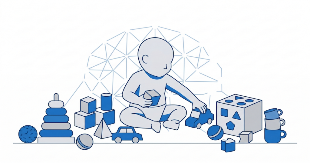 たくさんの知育玩具に囲まれて遊ぶ赤ちゃんのイラスト