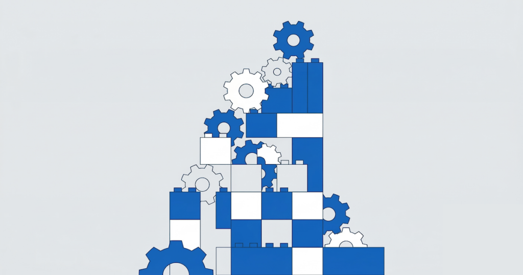ヒューマンアカデミーロボット教室の「構築主義」と論理的思考の積み上げを象徴する、歯車とブロックのミニマルなイラスト