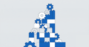 ヒューマンアカデミーロボット教室の「構築主義」と論理的思考の積み上げを象徴する、歯車とブロックのミニマルなイラスト