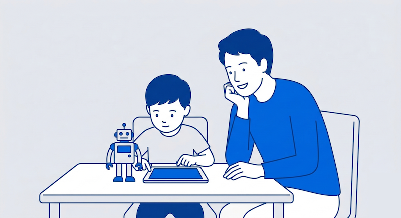 デバイスやロボット教材に取り組む子どもに対し、親が教え込むのではなく、興味深そうに横から問いかけを行っている様子を描いたミニマルなイラスト