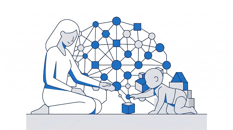 知育玩具に手を伸ばす赤ちゃんと、その様子を見守りながら言葉をかける親のイラスト