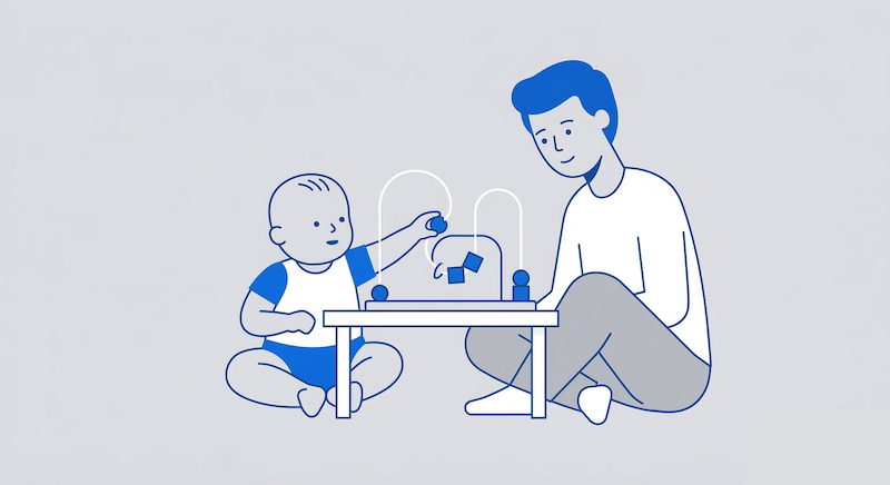 テーブルの上のルーピングで遊ぶ赤ちゃんと、手元を一緒に見守る親（共同注意）を描いたミニマルなイラスト
