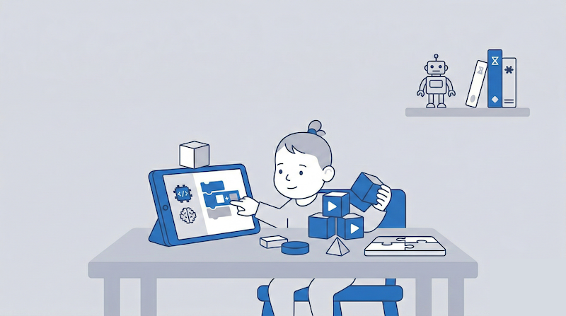 タブレットのコーディングアプリと積み木で遊ぶ幼児のイラスト。