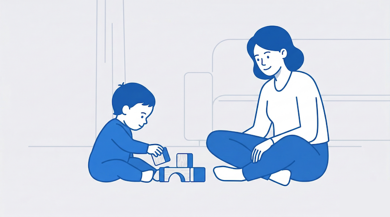 ミニマルなフラットイラストで、少数の積み木で集中して遊ぶ子どもと、それを温かく見守り同じものに注目する親の姿を描き、良質な共同注意を表現した画像。