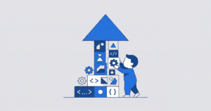 幼児がプログラミングのブロックを組み立てて成長を表す上向きの矢印を作っている、フラットベクターイラスト。