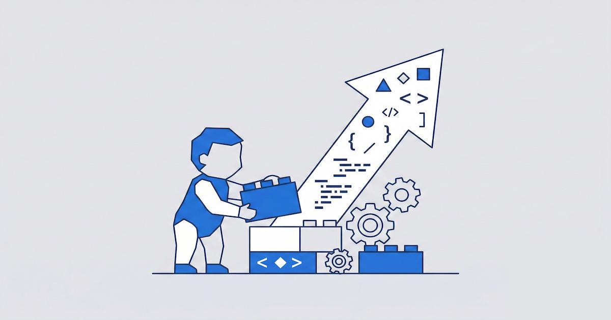 幼児の脳の発達とSTEAM教育を象徴する、歯車や幾何学ブロックを組み合わせたミニマルなフラットベクターイラスト。