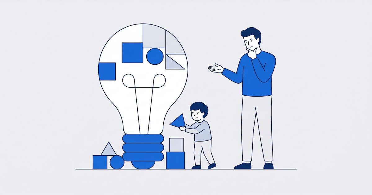 子どもが自らアイデアを組み立てる様子を、親が手を出さずに一歩引いて見守りサポートする抽象概念を表したイラスト