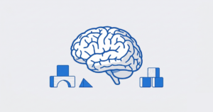 青と白を基調としたミニマルなイラストで、整頓された少数の積み木と脳の抽象的なモチーフが描かれ、集中力と整理された知育環境を表現した画像。