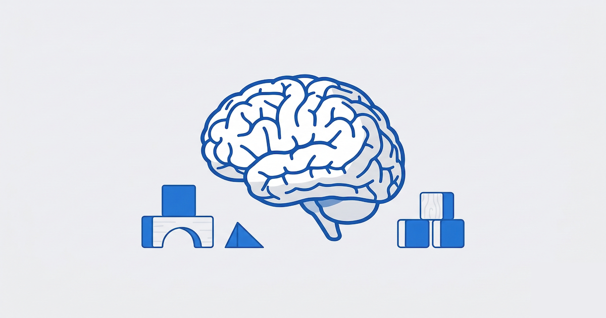 青と白を基調としたミニマルなイラストで、整頓された少数の積み木と脳の抽象的なモチーフが描かれ、集中力と整理された知育環境を表現した画像。